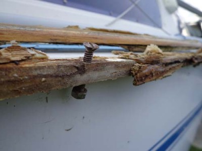 You can clearly see here the dry rot, and the 1-inch long, 3/16 diameter bolt and nut used along the full length to secure the original wooden edges.