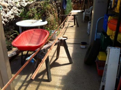 Raw wooden rails, prior to first coat of timber decking oil.