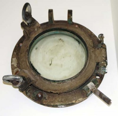 Port hole at Low Head Museum - note hinge on RHS, so porthole window would swing open from left to right.