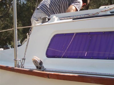 Aft mounting shroud without backstay on &quot;Abel Tasman&quot;.  This boat also had a lighter, tapered, mast.