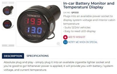 12V cigarette lighter voltmeter Jaycar