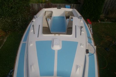 Long view of deck with newly painted blue non-slip areas