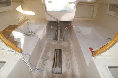 Stripped interior of QUMBU, awaiting new wiring. Note port side berth extension (for skippers like me who are over 6 ft long!)