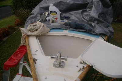 Foredeck area showing masking taped areas around chainplate attachment and new SS anchor rope bollard