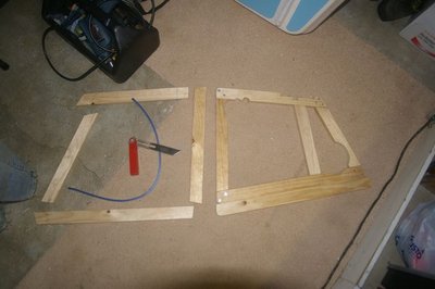 Both port and starboard frames in various stages of construction, using light pine (40 x 19 mm), lap-joined with gal wood screws.