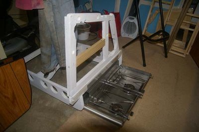 Port side wood inner cabin frame with test fit of Ravia stove under.