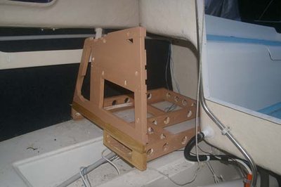 Starboard side frame, with areas below it to accept car stereo/CD (bought SH off eBay), and cutlery draw on runners beside it. Other holes pre-cut ready for wiring, etc.